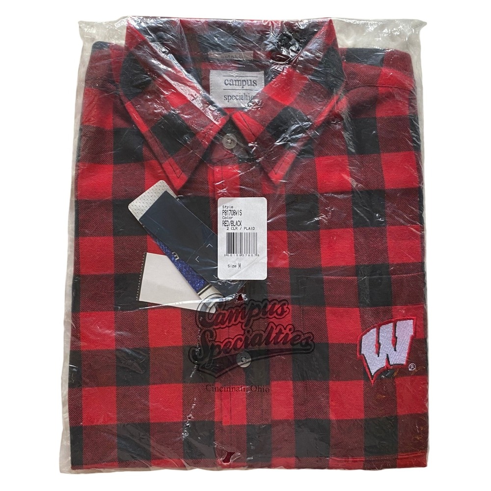 Campus Specialties Wisconsin Badgers Flannel Shirt Mens Small‎ Red Black Plaid